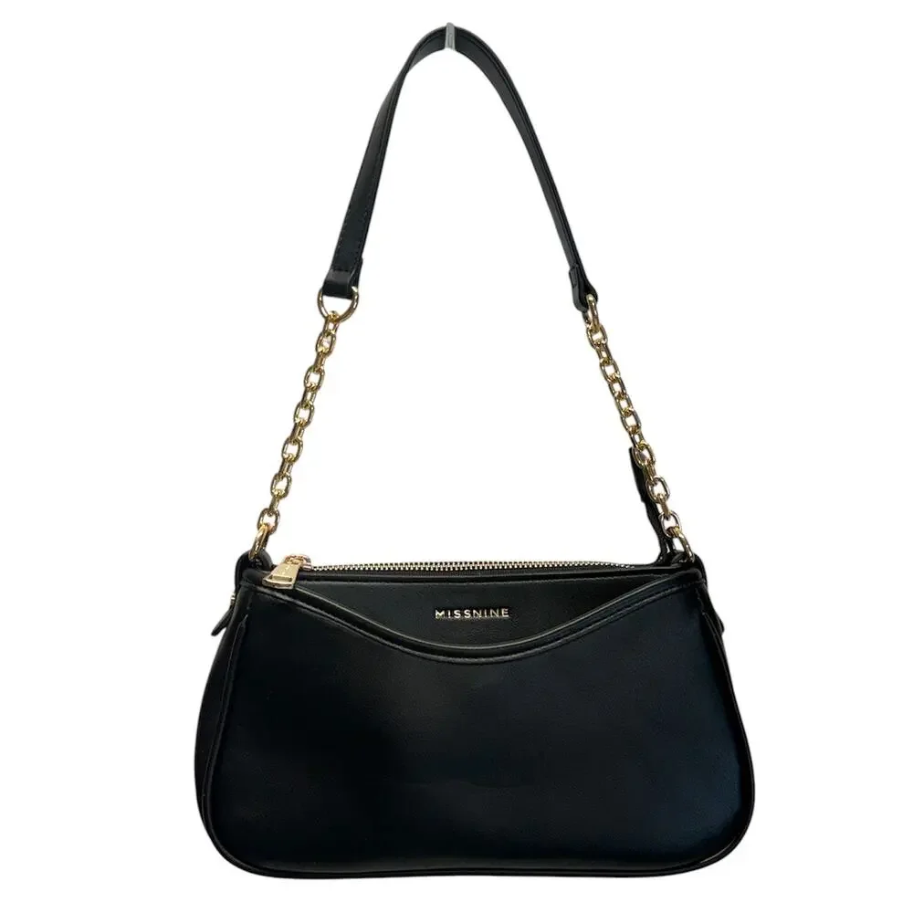 Missnine Black Shoulder Bag Mini Baguette Purse Vegan Leather Gold Chain Zip NEW